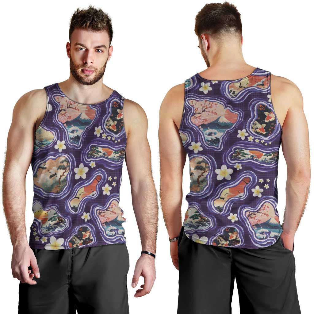 Hawaii Islands Map Design with Japanese Landscape Men Tank Top Hawaiian Japan Fusion Art Purple Color LT03 - Polynesian Pride