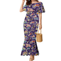 Hawaii Islands Map Design with Japanese Landscape Mermaid Dress Hawaiian Japan Fusion Art Purple Color LT03 Women Purple - Polynesian Pride
