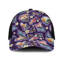 Hawaii Islands Map Design with Japanese Landscape Mesh Trucker Cap Hawaiian Japan Fusion Art Purple Color LT03 One Size Black Purple - Polynesian Pride