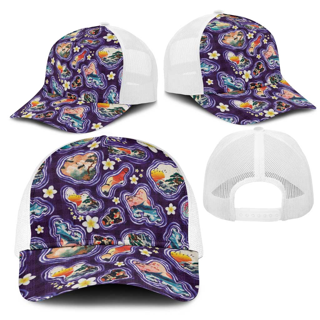 Hawaii Islands Map Design with Japanese Landscape Mesh Trucker Cap Hawaiian Japan Fusion Art Purple Color LT03 - Polynesian Pride