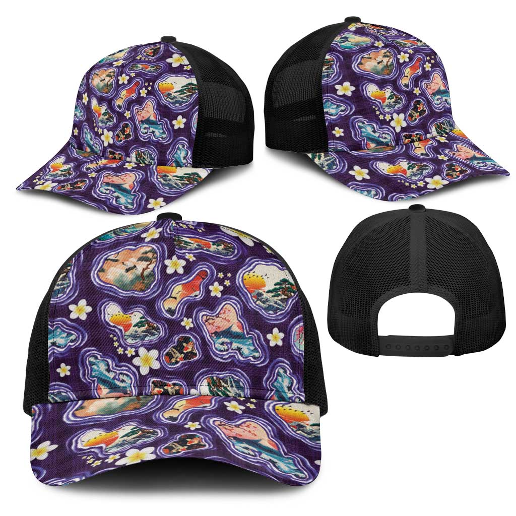 Hawaii Islands Map Design with Japanese Landscape Mesh Trucker Cap Hawaiian Japan Fusion Art Purple Color LT03 - Polynesian Pride