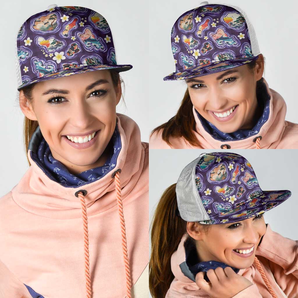 Hawaii Islands Map Design with Japanese Landscape Mesh Trucker Cap Hawaiian Japan Fusion Art Purple Color LT03 - Polynesian Pride