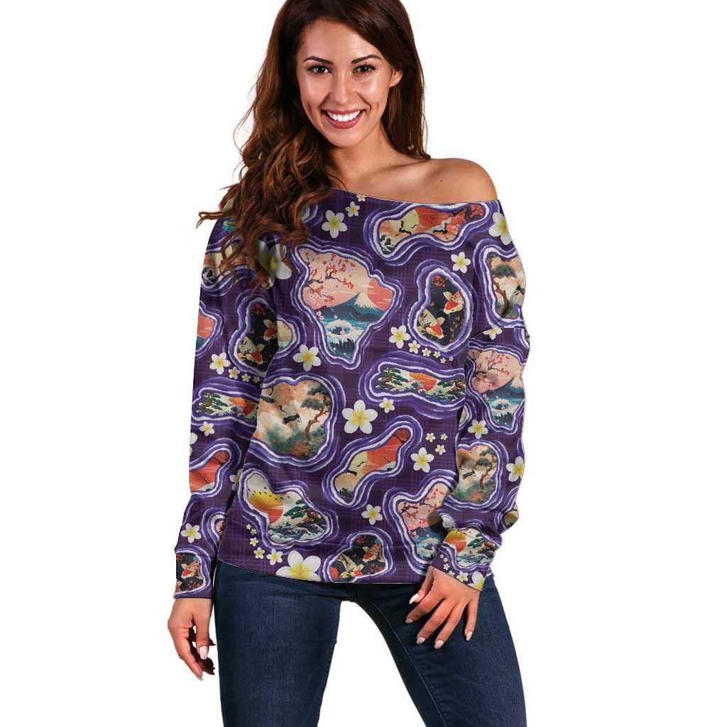 Hawaii Islands Map Design with Japanese Landscape Off Shoulder Sweater Hawaiian Japan Fusion Art Purple Color LT03 Women Purple - Polynesian Pride