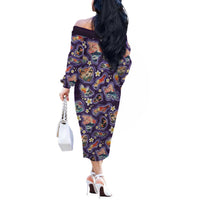 Hawaii Islands Map Design with Japanese Landscape Off The Shoulder Long Sleeve Dress Hawaiian Japan Fusion Art Purple Color LT03 - Polynesian Pride