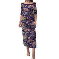 Hawaii Islands Map Design with Japanese Landscape Puletasi Hawaiian Japan Fusion Art Purple Color LT03 Long Dress Purple - Polynesian Pride