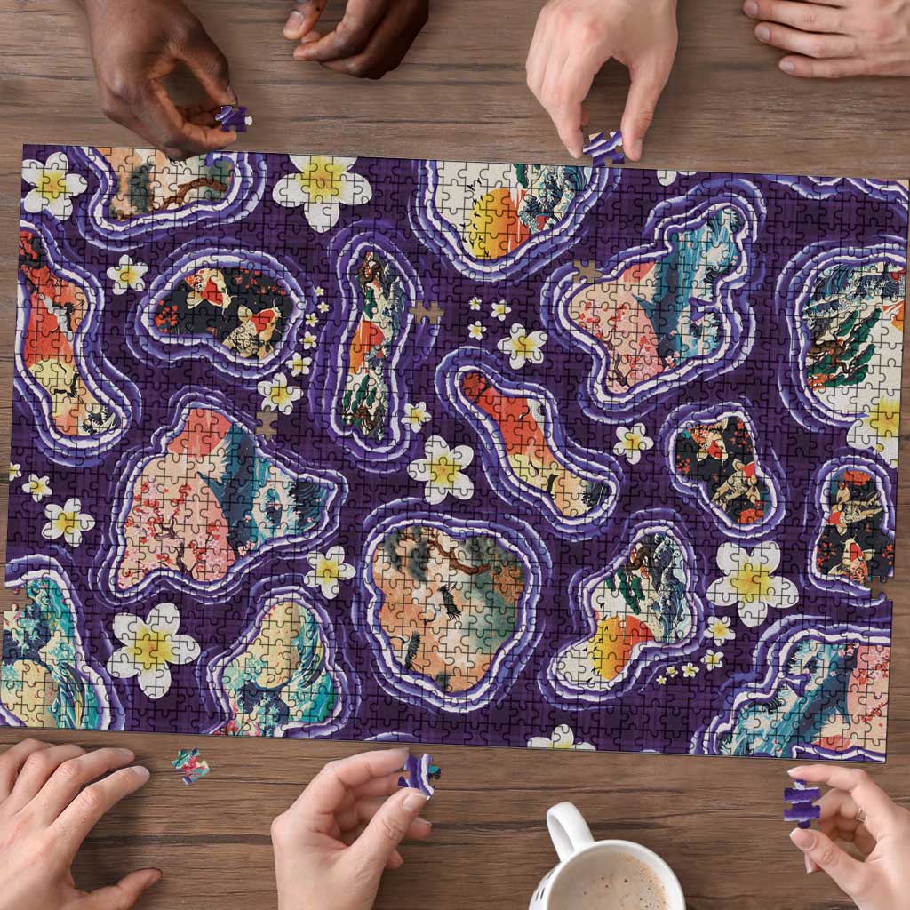 Hawaii Islands Map Design with Japanese Landscape Puzzle Hawaiian Japan Fusion Art Purple Color LT03 - Polynesian Pride