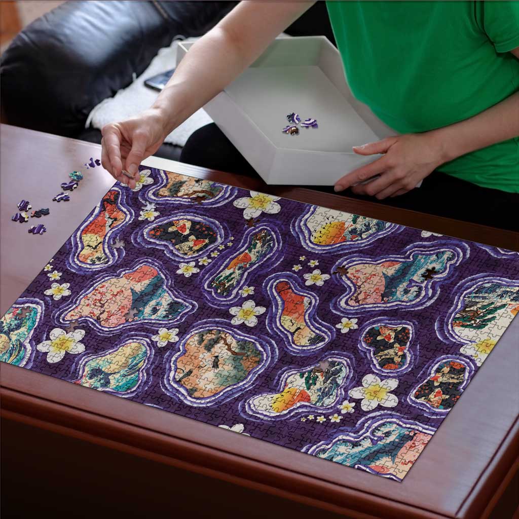 Hawaii Islands Map Design with Japanese Landscape Puzzle Hawaiian Japan Fusion Art Purple Color LT03 - Polynesian Pride