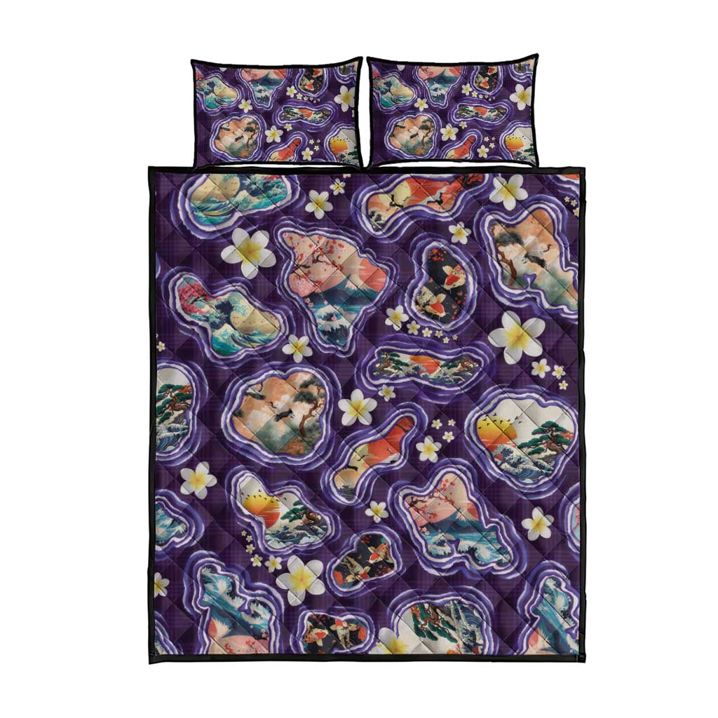 Hawaii Islands Map Design with Japanese Landscape Quilt Bed Set Hawaiian Japan Fusion Art Purple Color LT03 - Polynesian Pride