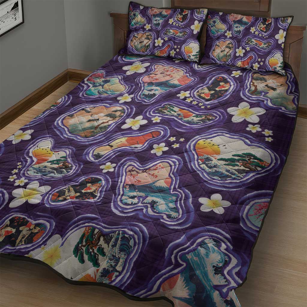Hawaii Islands Map Design with Japanese Landscape Quilt Bed Set Hawaiian Japan Fusion Art Purple Color LT03 - Polynesian Pride