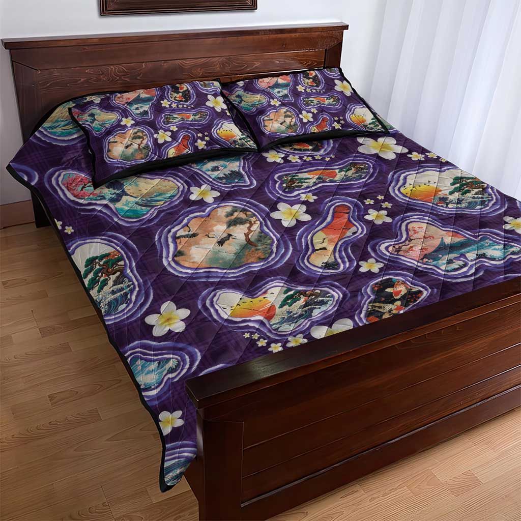Hawaii Islands Map Design with Japanese Landscape Quilt Bed Set Hawaiian Japan Fusion Art Purple Color LT03 - Polynesian Pride