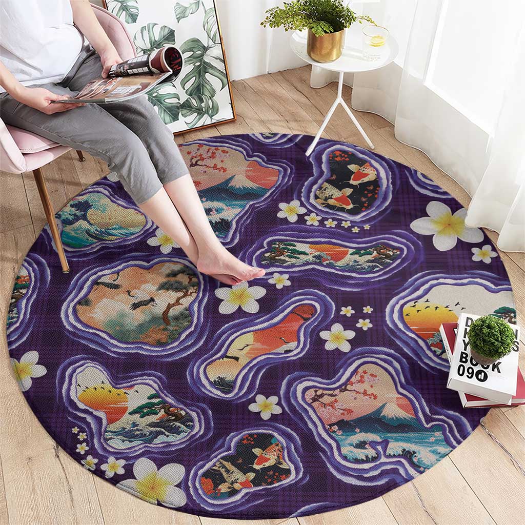 Hawaii Islands Map Design with Japanese Landscape Round Carpet Hawaiian Japan Fusion Art Purple Color LT03 - Polynesian Pride