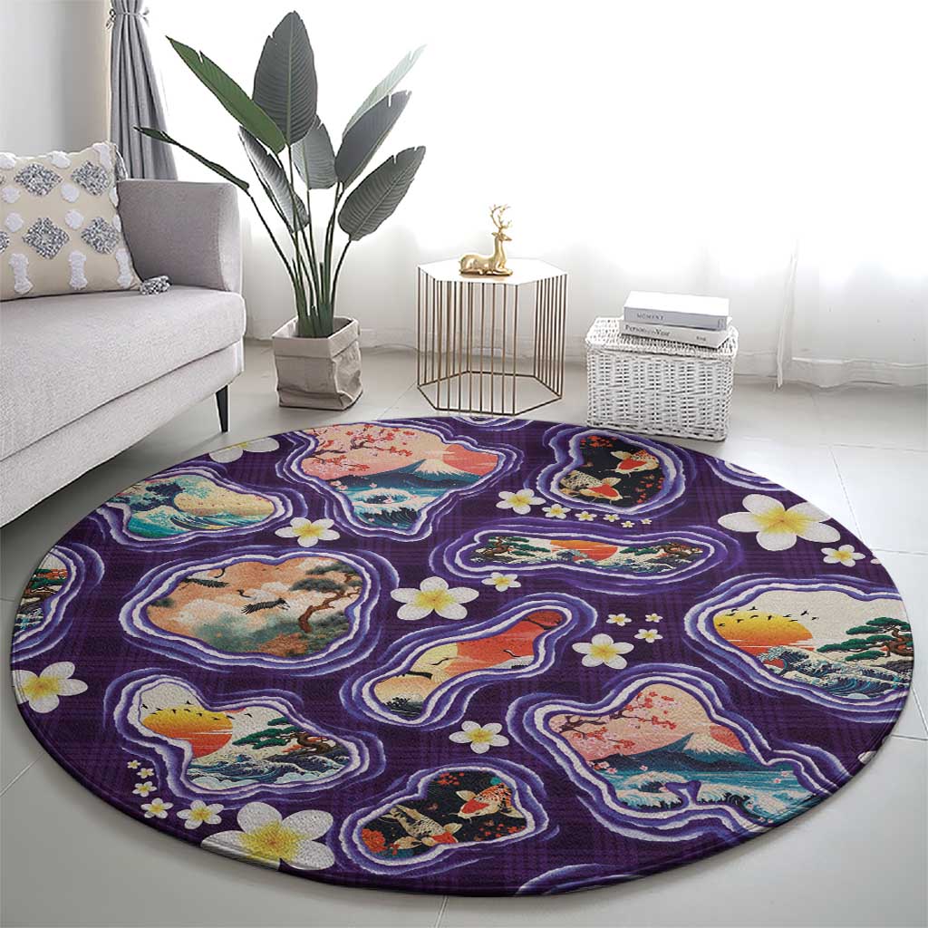 Hawaii Islands Map Design with Japanese Landscape Round Carpet Hawaiian Japan Fusion Art Purple Color LT03 - Polynesian Pride