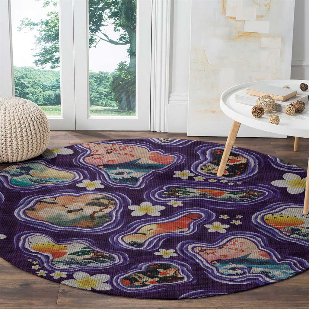 Hawaii Islands Map Design with Japanese Landscape Round Carpet Hawaiian Japan Fusion Art Purple Color LT03 - Polynesian Pride