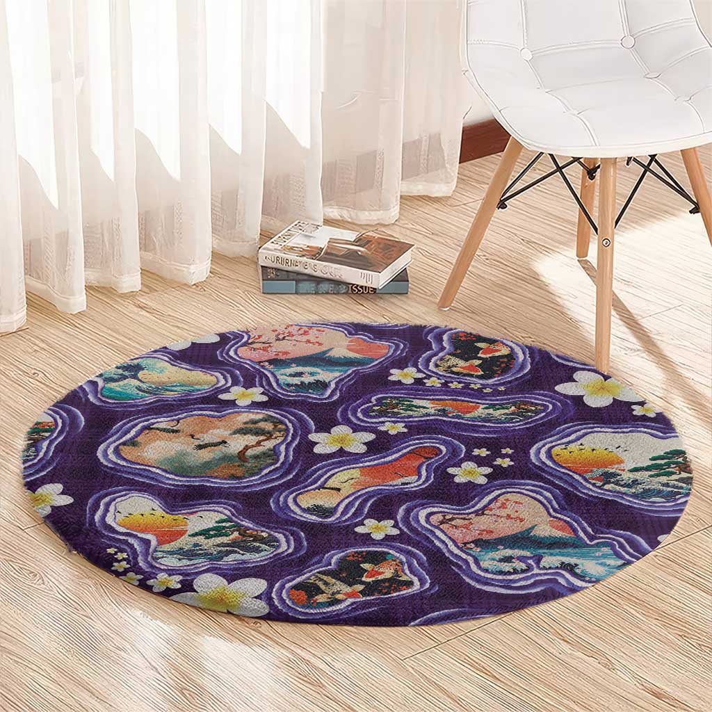 Hawaii Islands Map Design with Japanese Landscape Round Carpet Hawaiian Japan Fusion Art Purple Color LT03 - Polynesian Pride