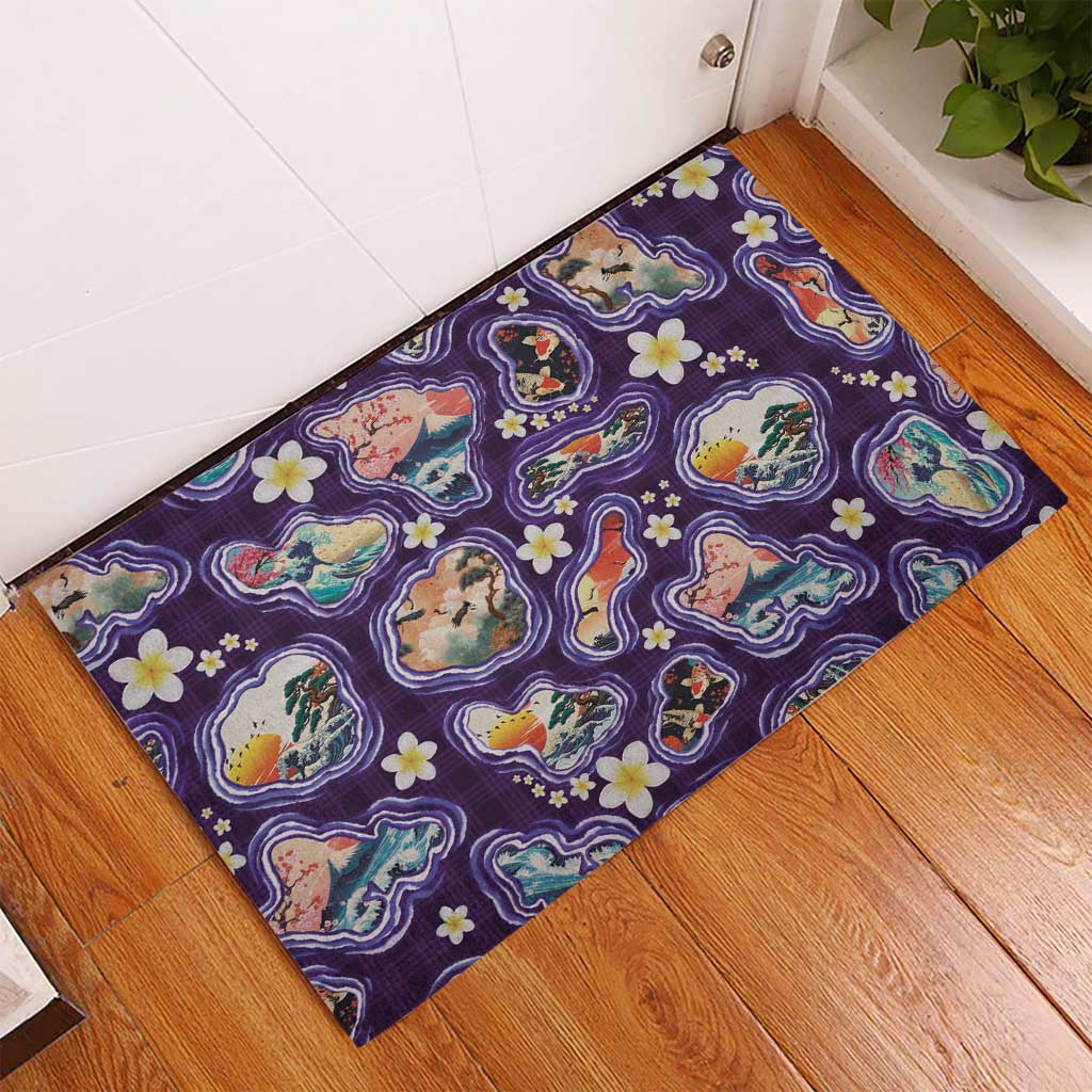 Hawaii Islands Map Design with Japanese Landscape Rubber Doormat Hawaiian Japan Fusion Art Purple Color LT03 - Polynesian Pride