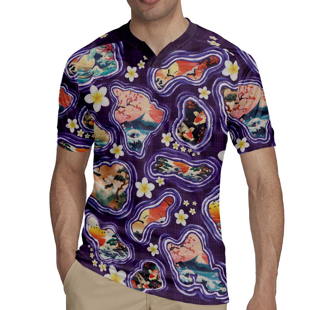 Hawaii Islands Map Design with Japanese Landscape Rugby Jersey Hawaiian Japan Fusion Art Purple Color LT03 - Polynesian Pride
