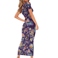 Hawaii Islands Map Design with Japanese Landscape Short Sleeve Bodycon Dress Hawaiian Japan Fusion Art Purple Color LT03 - Polynesian Pride