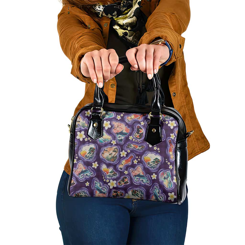 Hawaii Islands Map Design with Japanese Landscape Shoulder Handbag Hawaiian Japan Fusion Art Purple Color LT03 One Size Purple - Polynesian Pride