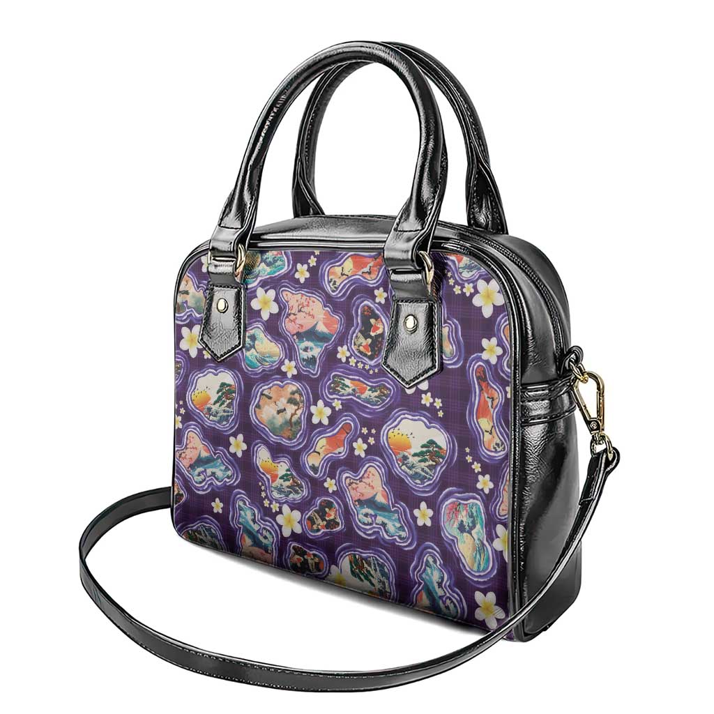 Hawaii Islands Map Design with Japanese Landscape Shoulder Handbag Hawaiian Japan Fusion Art Purple Color LT03 - Polynesian Pride