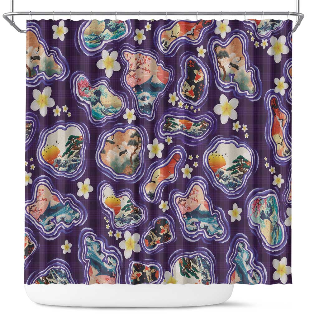 Hawaii Islands Map Design with Japanese Landscape Shower Curtain Hawaiian Japan Fusion Art Purple Color