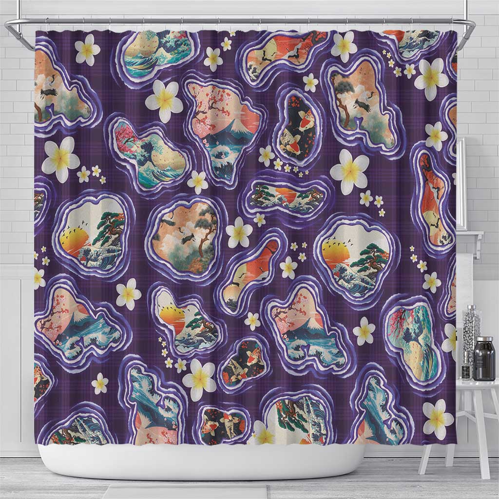 Hawaii Islands Map Design with Japanese Landscape Shower Curtain Hawaiian Japan Fusion Art Purple Color LT03 - Polynesian Pride