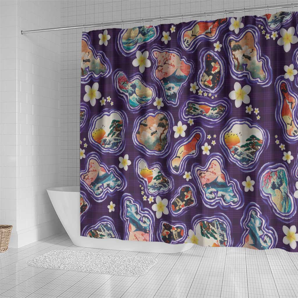 Hawaii Islands Map Design with Japanese Landscape Shower Curtain Hawaiian Japan Fusion Art Purple Color LT03 - Polynesian Pride