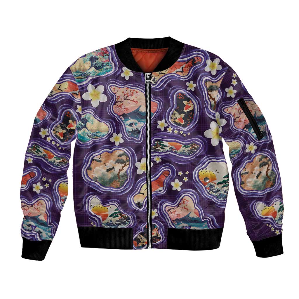 Hawaii Islands Map Design with Japanese Landscape Sleeve Zip Bomber Jacket Hawaiian Japan Fusion Art Purple Color LT03 Unisex Purple - Polynesian Pride