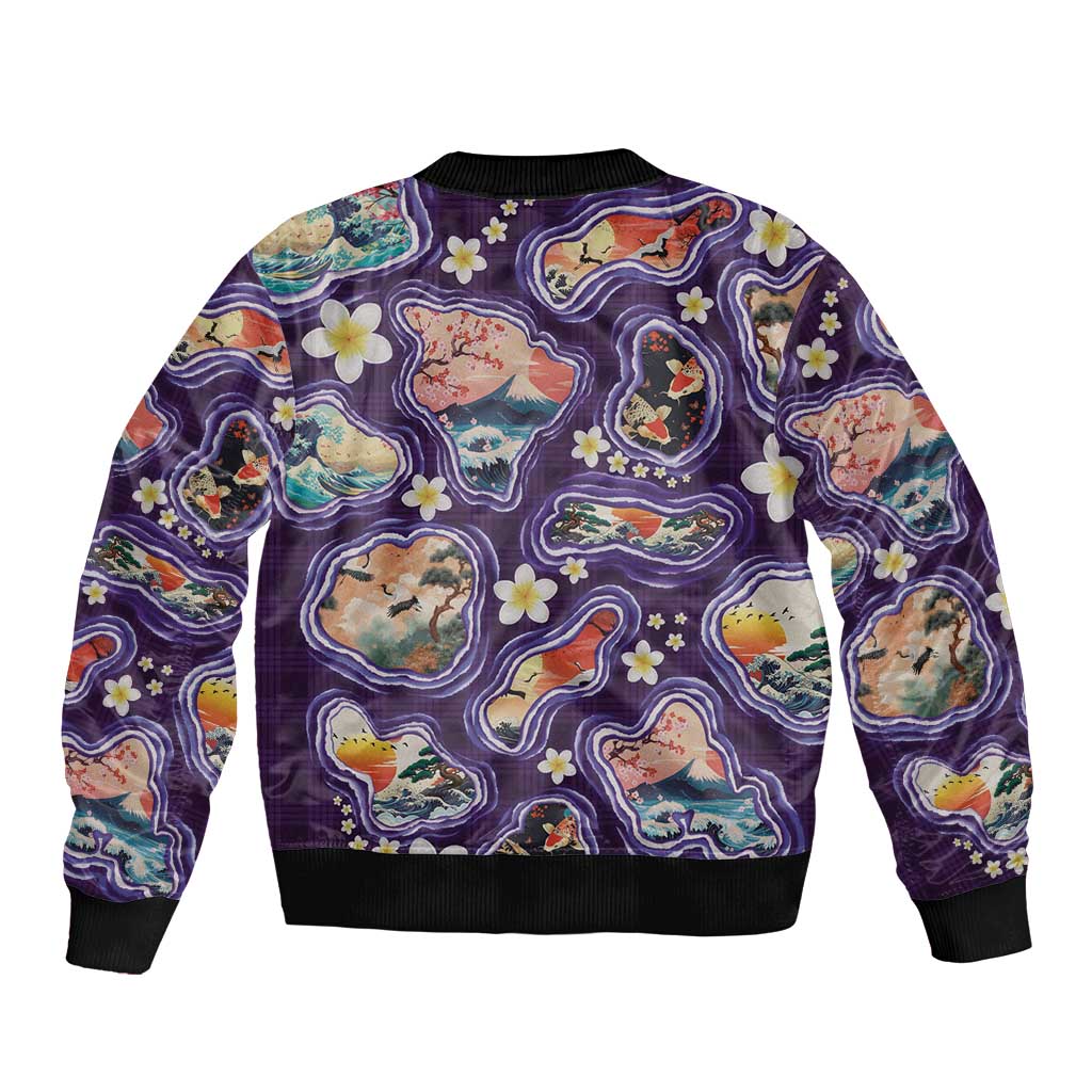 Hawaii Islands Map Design with Japanese Landscape Sleeve Zip Bomber Jacket Hawaiian Japan Fusion Art Purple Color LT03 - Polynesian Pride