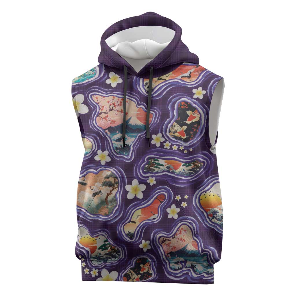 Hawaii Islands Map Design with Japanese Landscape Sleeveless Hoodie Hawaiian Japan Fusion Art Purple Color LT03 Purple - Polynesian Pride