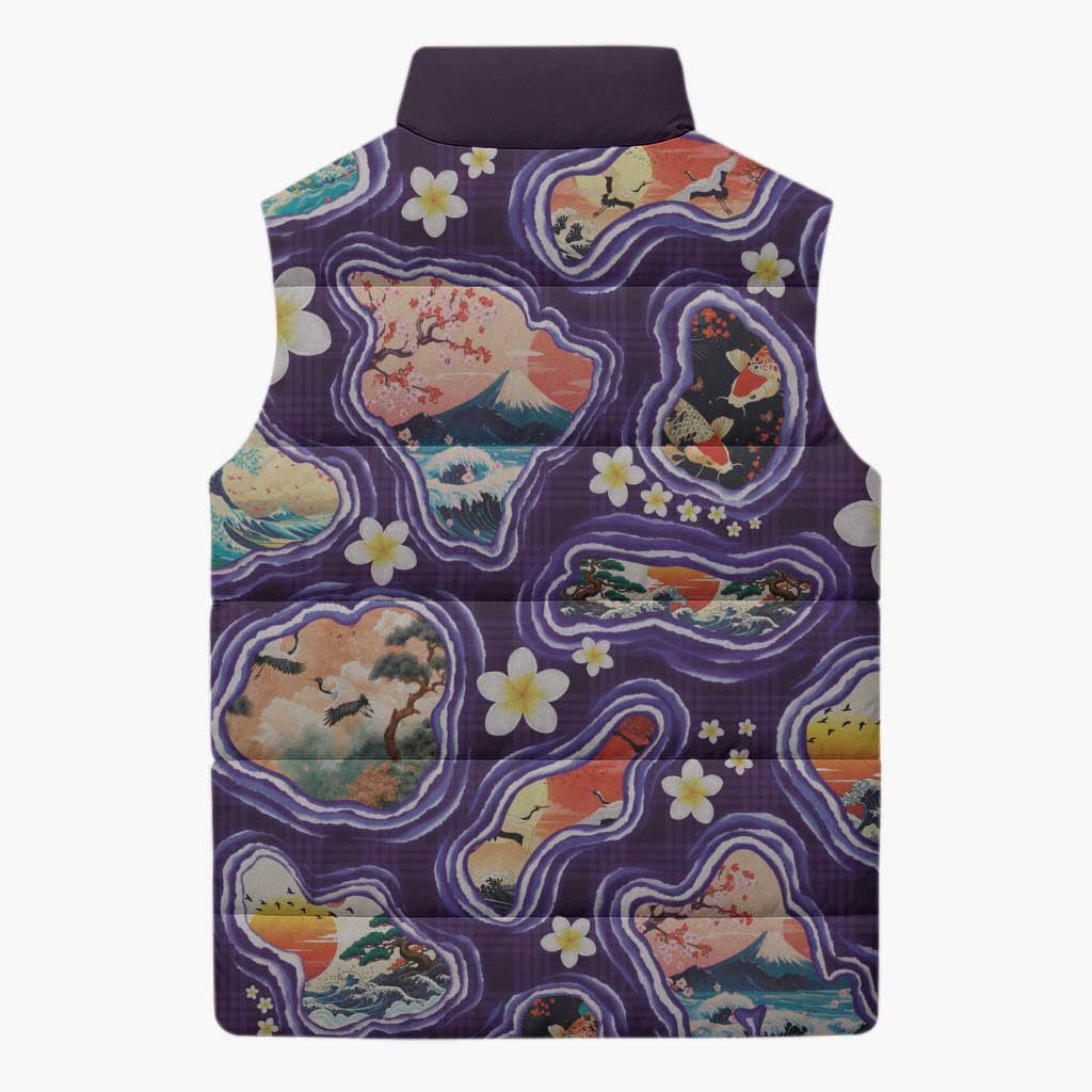 Hawaii Islands Map Design with Japanese Landscape Sleeveless Puffer Jacket Hawaiian Japan Fusion Art Purple Color LT03 - Polynesian Pride