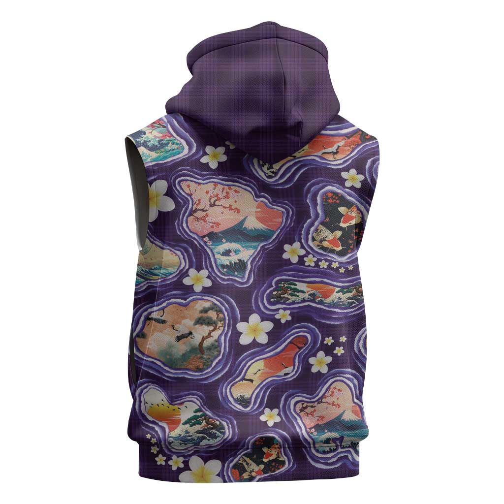 Hawaii Islands Map Design with Japanese Landscape Sleeveless Zip Hoodie Hawaiian Japan Fusion Art Purple Color LT03 - Polynesian Pride