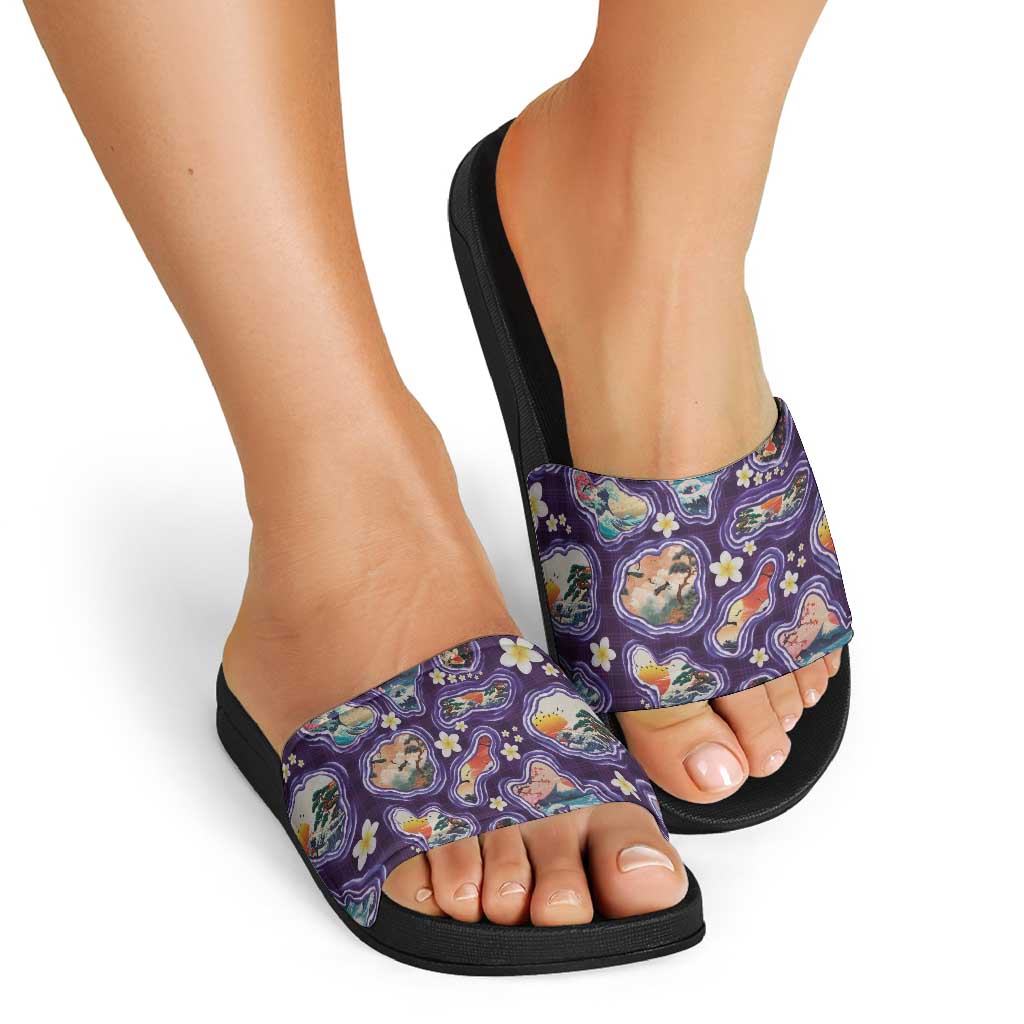 Hawaii Islands Map Design with Japanese Landscape Slide Sandals Hawaiian Japan Fusion Art Purple Color LT03 - Polynesian Pride