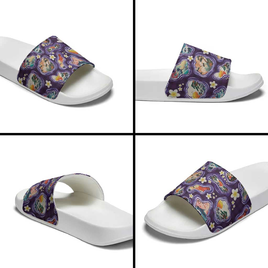 Hawaii Islands Map Design with Japanese Landscape Slide Sandals Hawaiian Japan Fusion Art Purple Color LT03 - Polynesian Pride