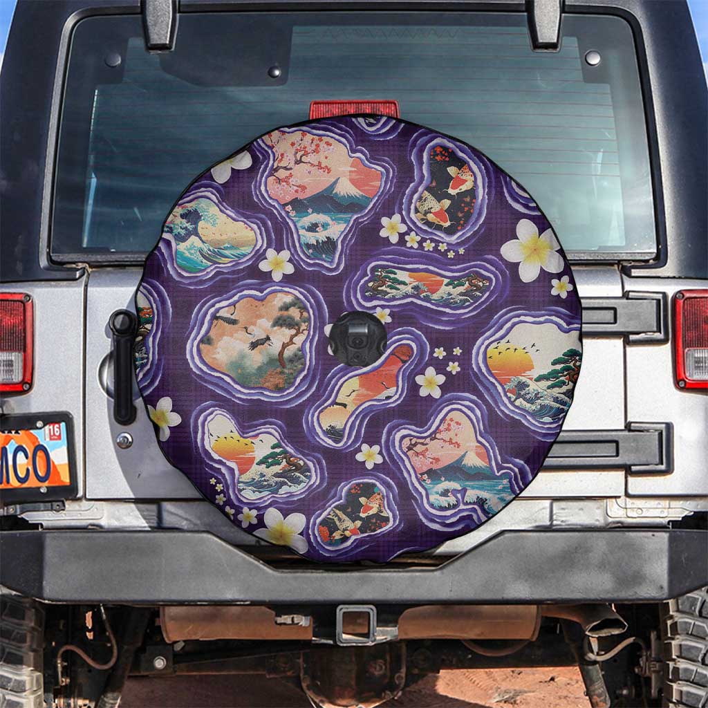 Hawaii Islands Map Design with Japanese Landscape Spare Tire Cover Hawaiian Japan Fusion Art Purple Color LT03 Purple - Polynesian Pride