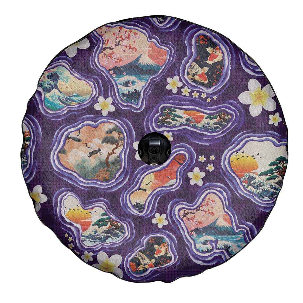 Hawaii Islands Map Design with Japanese Landscape Spare Tire Cover Hawaiian Japan Fusion Art Purple Color LT03 - Polynesian Pride