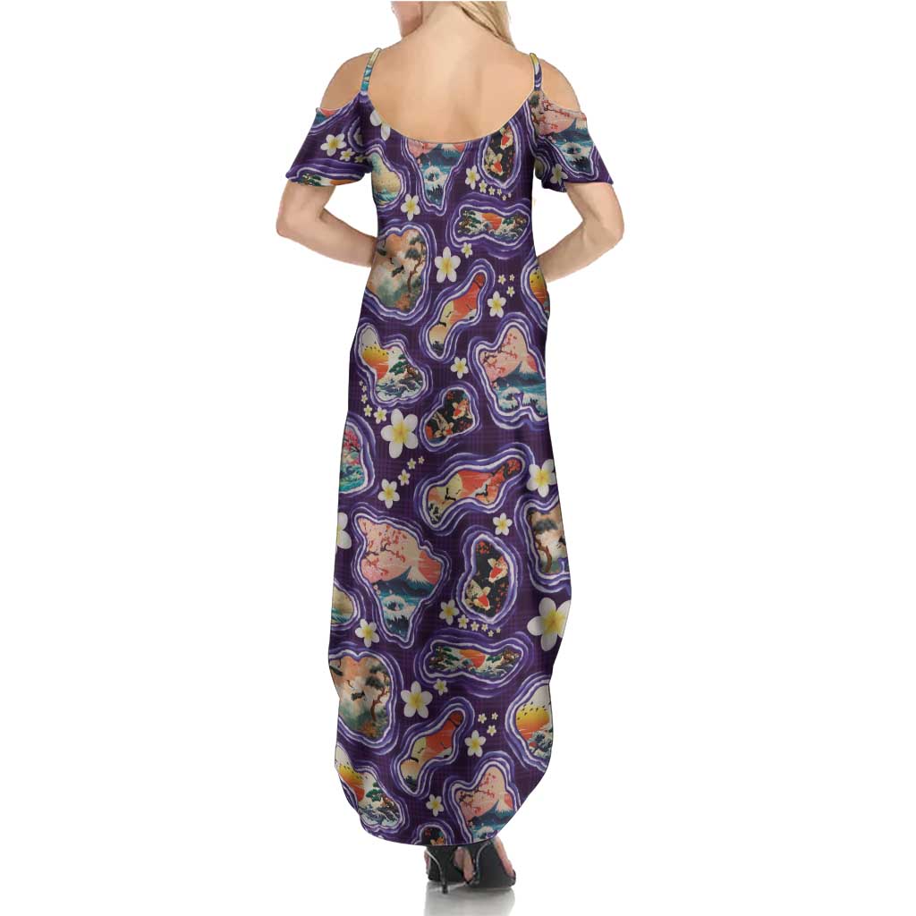 Hawaii Islands Map Design with Japanese Landscape Summer Maxi Dress Hawaiian Japan Fusion Art Purple Color LT03 - Polynesian Pride