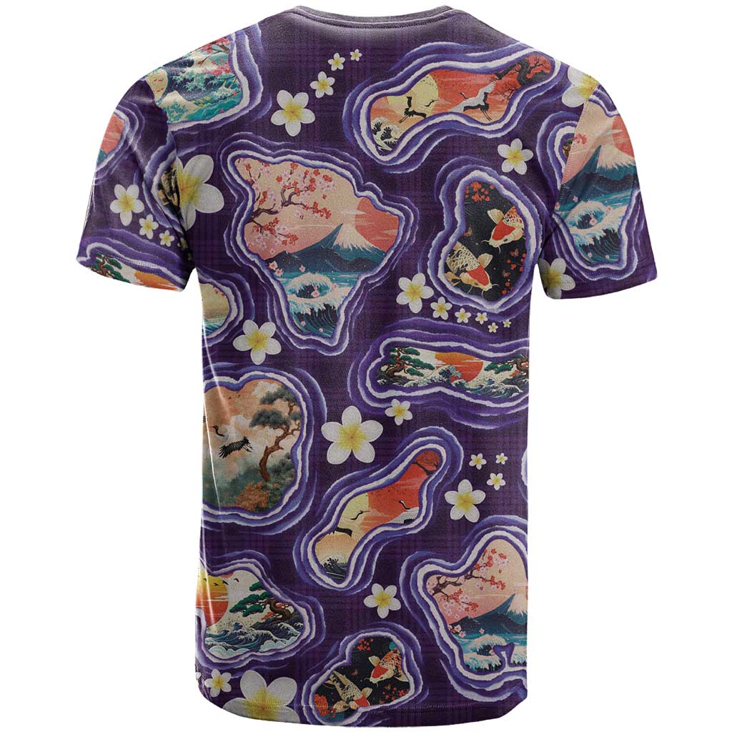 Hawaii Islands Map Design with Japanese Landscape T Shirt Hawaiian Japan Fusion Art Purple Color LT03 - Polynesian Pride