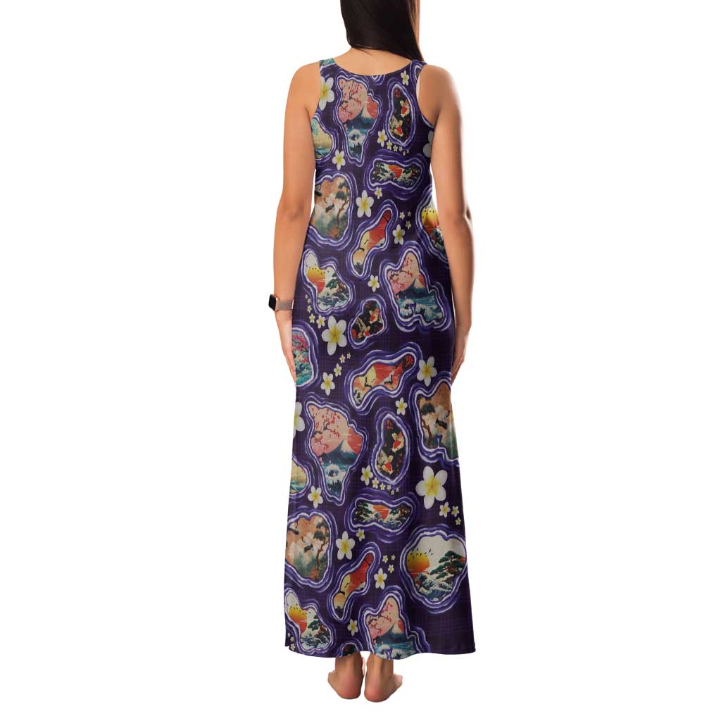Hawaii Islands Map Design with Japanese Landscape Tank Maxi Dress Hawaiian Japan Fusion Art Purple Color LT03 - Polynesian Pride