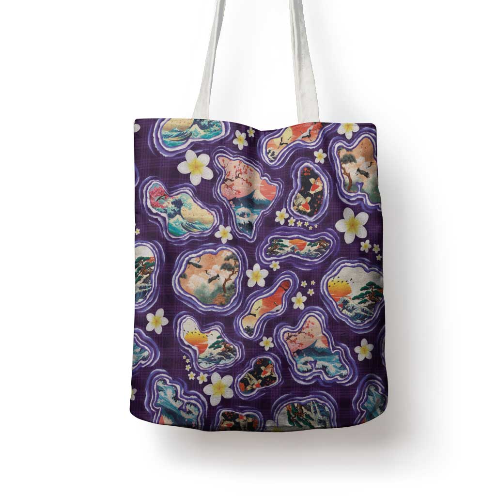 Hawaii Islands Map Design with Japanese Landscape Tote Bag Hawaiian Japan Fusion Art Purple Color LT03 - Polynesian Pride