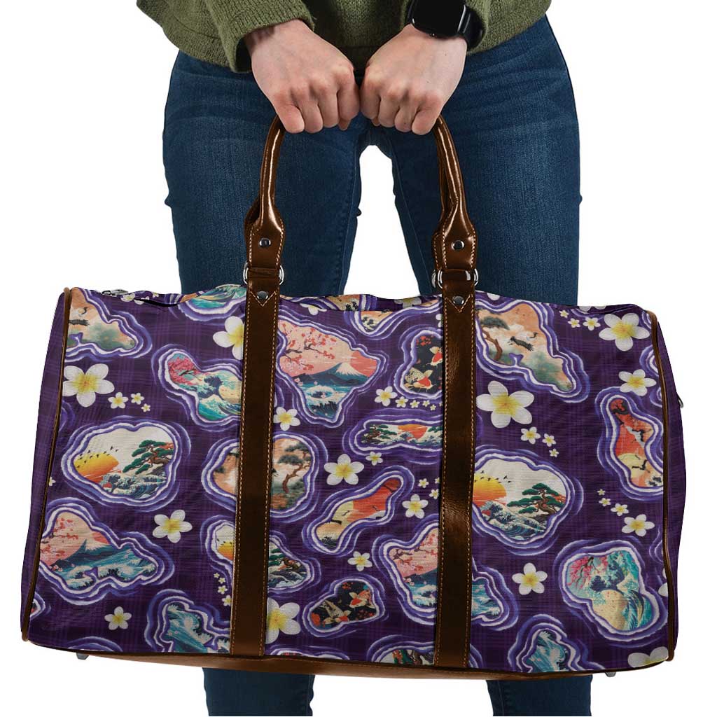 Hawaii Islands Map Design with Japanese Landscape Travel Bag Hawaiian Japan Fusion Art Purple Color LT03 Purple - Polynesian Pride