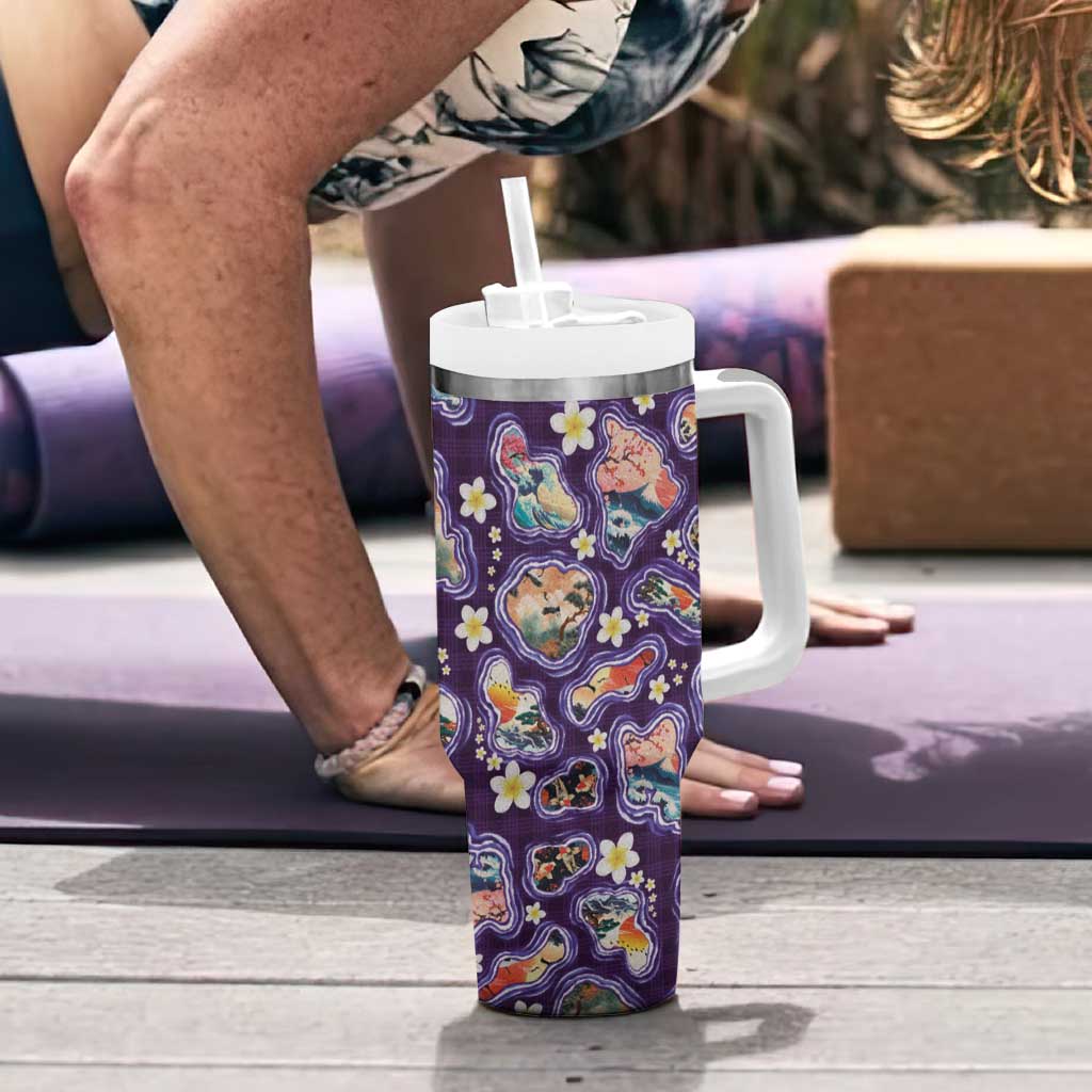 Hawaii Islands Map Design with Japanese Landscape Tumbler With Handle Hawaiian Japan Fusion Art Purple Color LT03 - Polynesian Pride