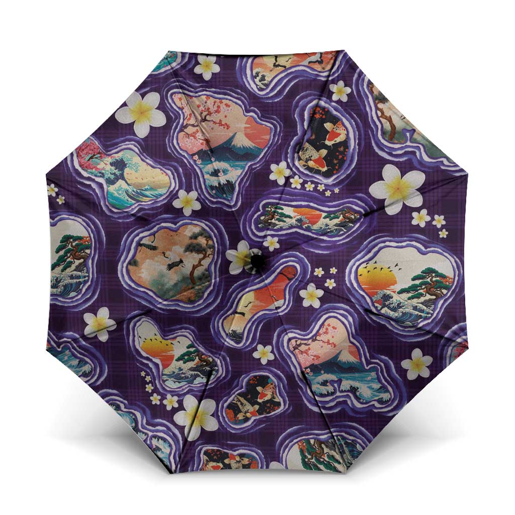 Hawaii Islands Map Design with Japanese Landscape Umbrella Hawaiian Japan Fusion Art Purple Color