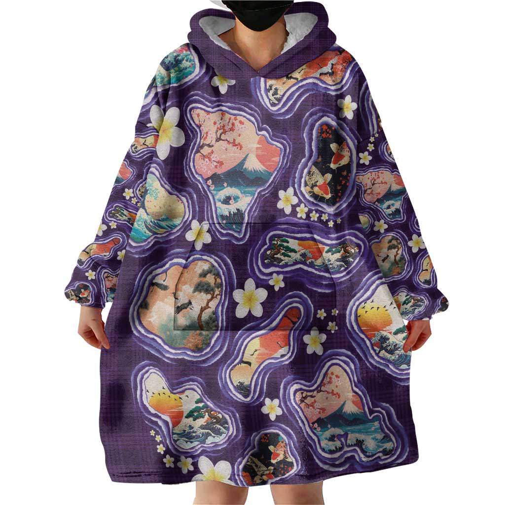 Hawaii Islands Map Design with Japanese Landscape Wearable Blanket Hoodie Hawaiian Japan Fusion Art Purple Color LT03 - Polynesian Pride