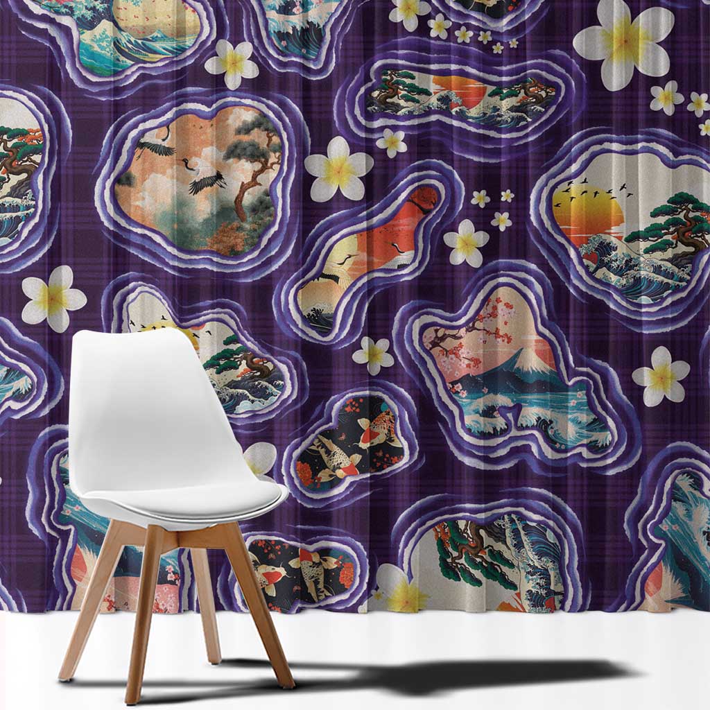 Hawaii Islands Map Design with Japanese Landscape Window Curtain Hawaiian Japan Fusion Art Purple Color LT03 - Polynesian Pride