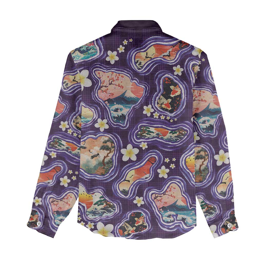 Hawaii Islands Map Design with Japanese Landscape Women Casual Shirt Hawaiian Japan Fusion Art Purple Color LT03 - Polynesian Pride
