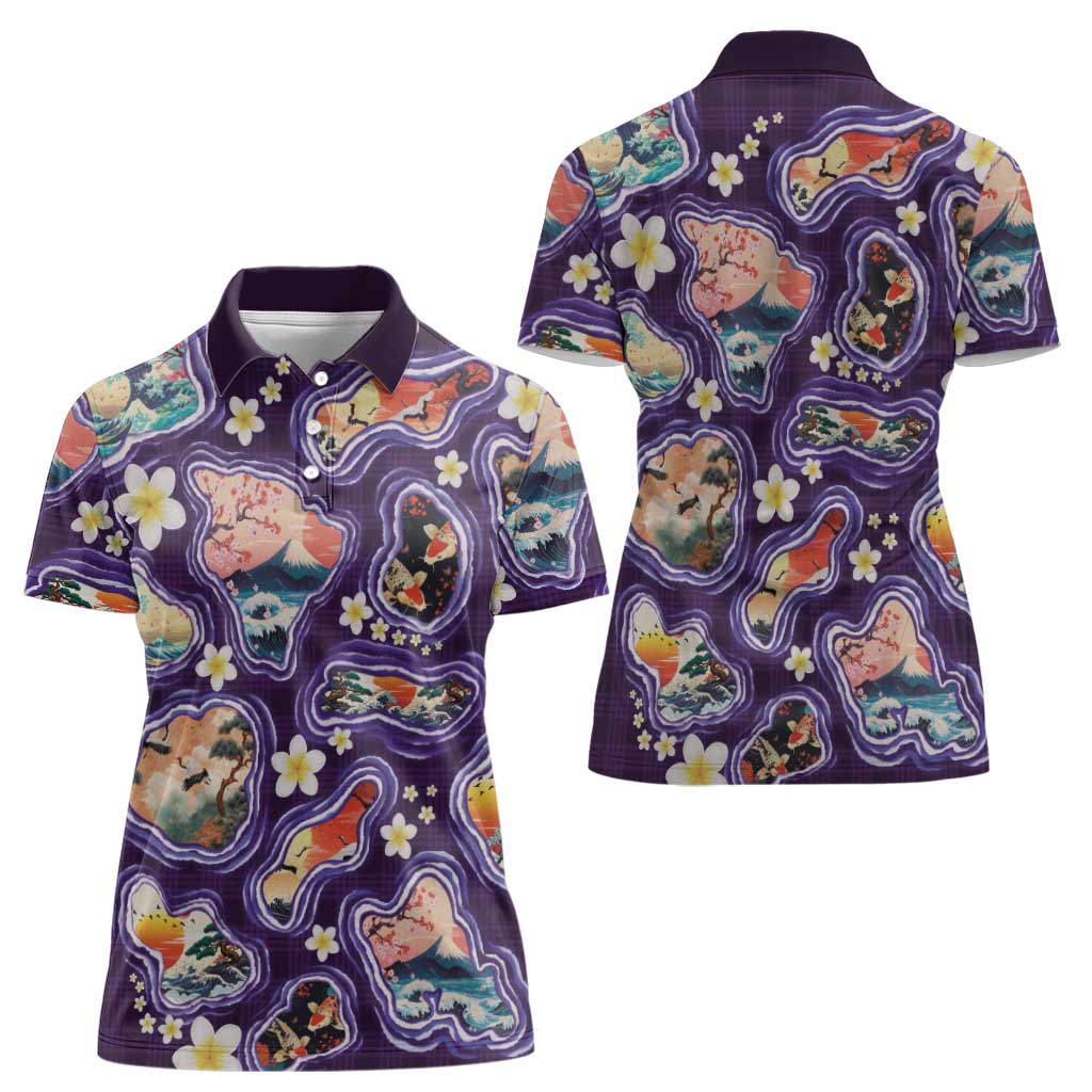 Hawaii Islands Map Design with Japanese Landscape Women Polo Shirt Hawaiian Japan Fusion Art Purple Color LT03 - Polynesian Pride
