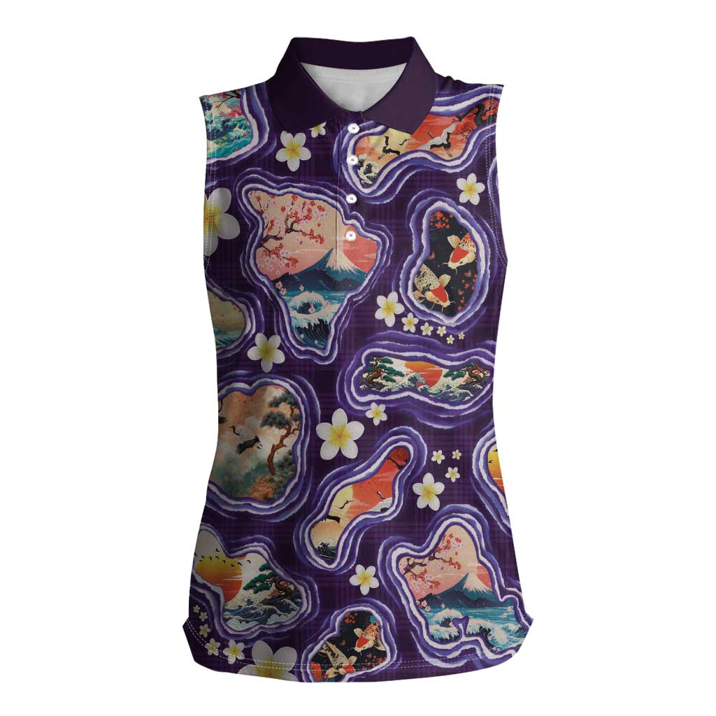Hawaii Islands Map Design with Japanese Landscape Women Sleeveless Polo Shirt Hawaiian Japan Fusion Art Purple Color LT03 Female Purple - Polynesian Pride