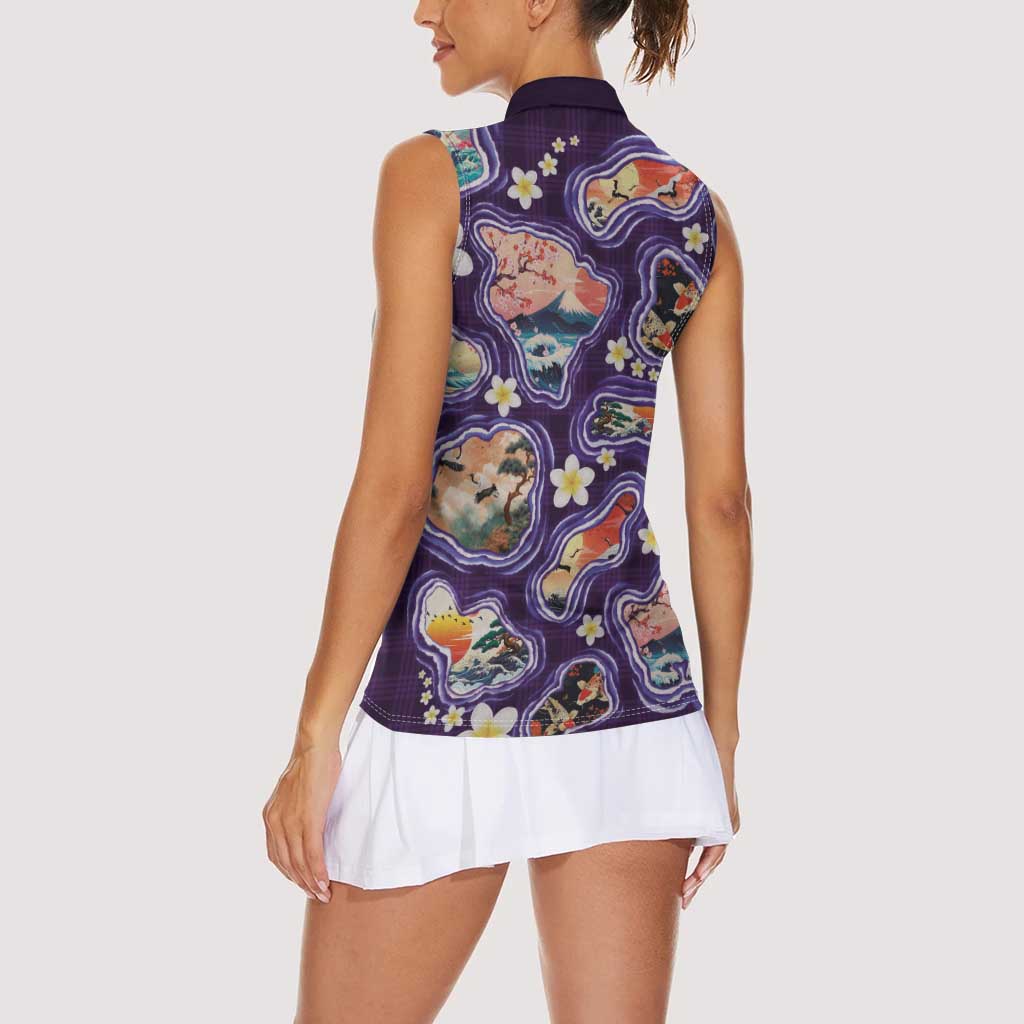 Hawaii Islands Map Design with Japanese Landscape Women Sleeveless Polo Shirt Hawaiian Japan Fusion Art Purple Color LT03 - Polynesian Pride