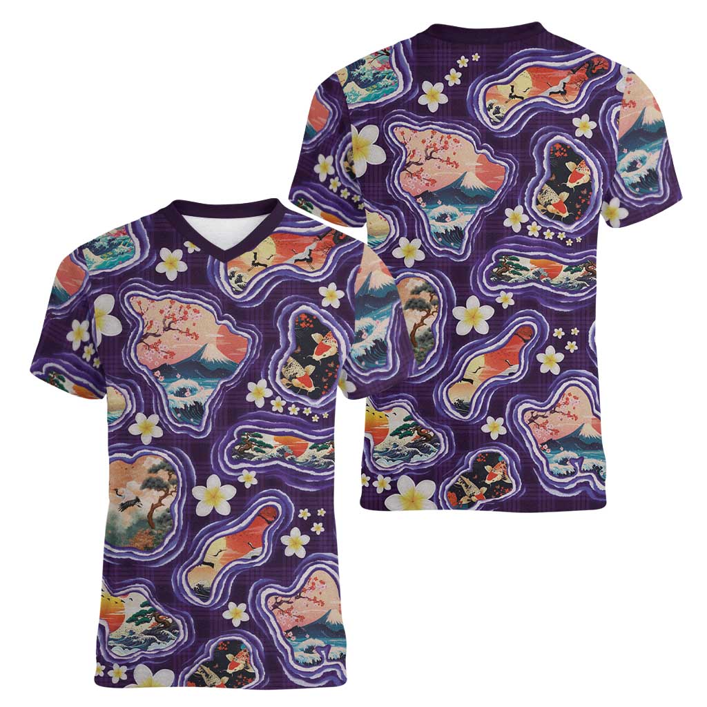 Hawaii Islands Map Design with Japanese Landscape Women V-Neck T-Shirt Hawaiian Japan Fusion Art Purple Color LT03 - Polynesian Pride