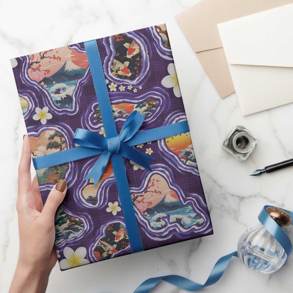 Hawaii Islands Map Design with Japanese Landscape Wrapping Paper Hawaiian Japan Fusion Art Purple Color LT03 - Polynesian Pride